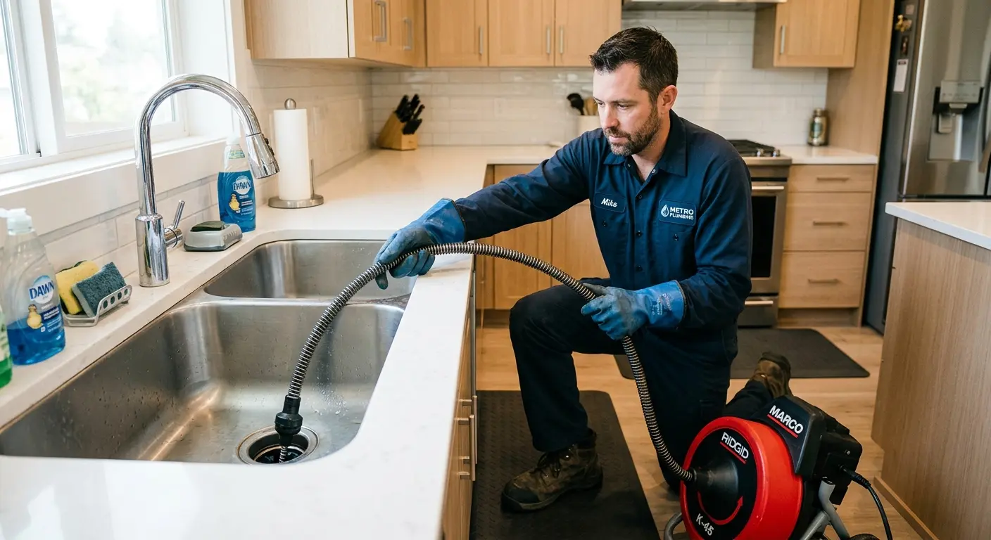 Drain cleaning technician using a motorized snake on a kitchen sink in Roseville