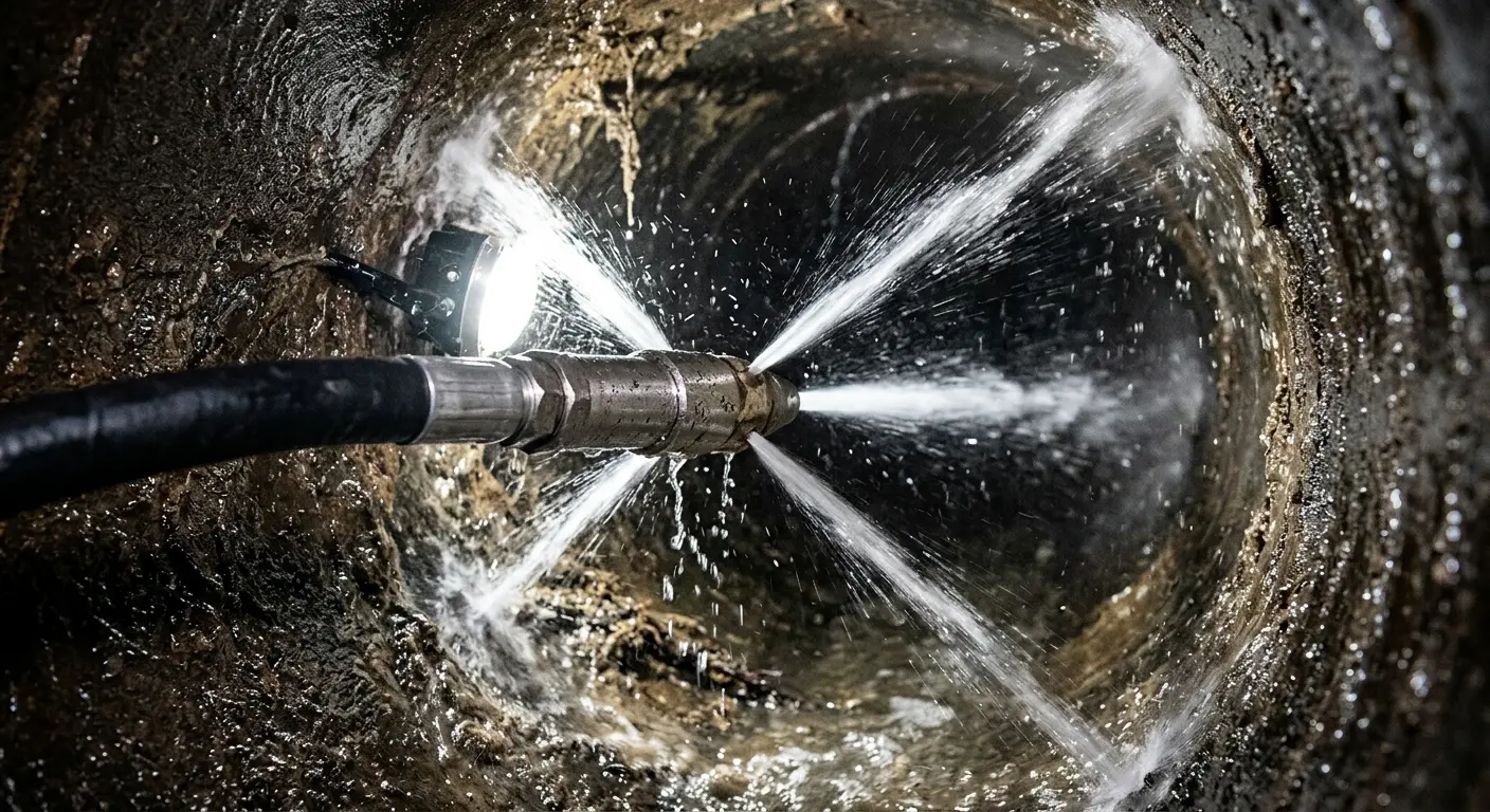 High-pressure hydro jetting nozzle cleaning sewer pipe for Sewer Cleanout in Roseville