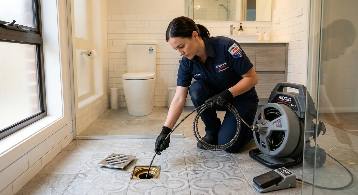 Technician clearing a bathroom floor drain for Drain Cleaning in Roseville